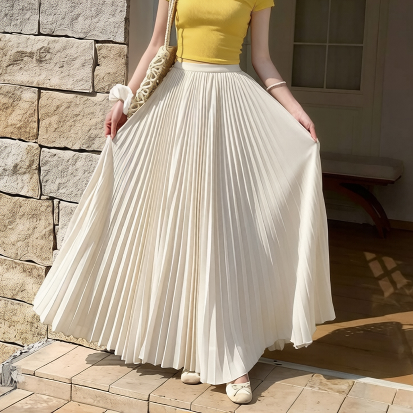 빛 럭셔리 도루 가을 센스 플리츠 쉬폰 반신 스커트 여성 여름 큰 진자 하이웨이스트 슬림해 보이는 한 마디 표지 넓적 다리 플리츠 롱 스커트