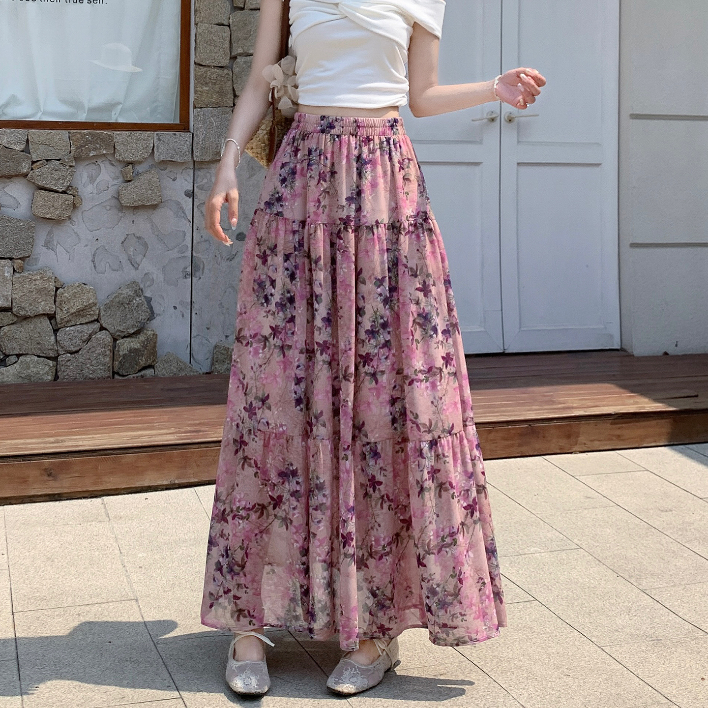 전원 바람 프린트 쉬폰 케이크 반신 스커트 여성 2026 봄 여름 새로운 프랑스식 레트로 큰 진자 롱 스커트 반 스커트