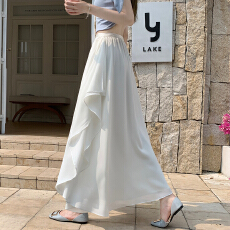 批发设计感白色长裙松紧腰垂坠雪纺半身裙荷叶边侧面纯色不规则长裙