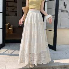 批发巨好看重工刺绣蕾丝长款半身<b class='q'>裙</b>女春夏2026新款松紧腰a字大摆纱<b class='q'>裙</b>