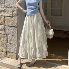 批发法式荷叶边蕾丝a字<b class='q'>半身裙</b>女春夏季新款白色不规则蛋糕裙仙女长裙