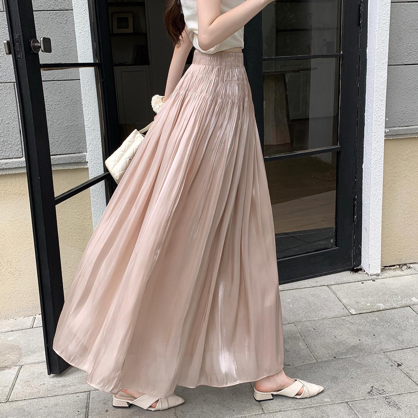 깃발 실 플리츠 반신 스커트 여성 치마 2026 여름 새로운 하이웨이스트 슬림해 보이는 A라인 스커트 우아한 큰 진자 롱 스커트