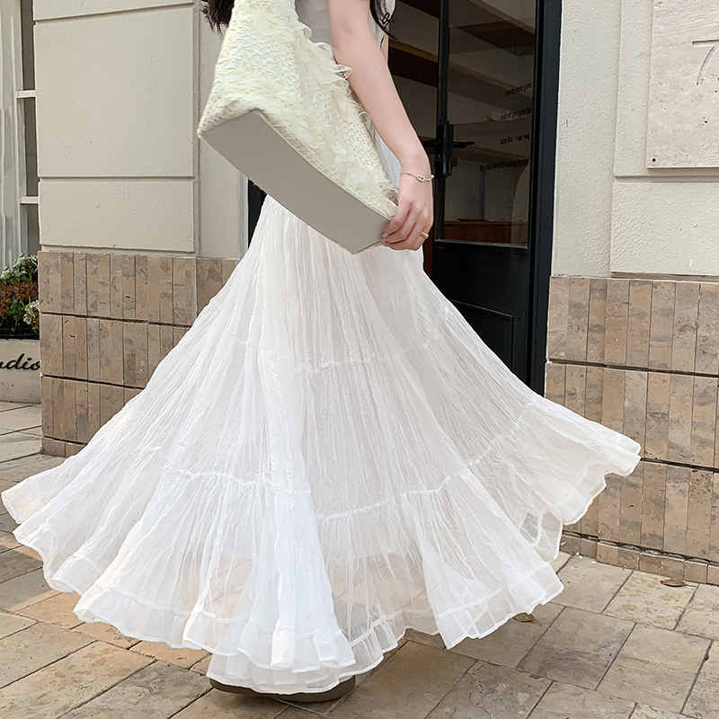화이트 패치워크 케이크 드레스 여성 2026 봄 새로운 고급 루즈핏 도루 센스 캐주얼 빅 사이즈 슬림해 보이는 주름 거즈 스커트
