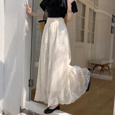 批发2026夏季大码绝美刺绣蕾丝<b class='q'>半身</b>裙女高腰显瘦A字<b class='q'>长裙</b>杏色款轻奢风