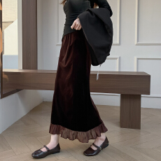 批发木耳边丝绒<b class='q'>半身</b>裙女秋冬季松紧高腰显瘦休闲百搭开叉a字<b class='q'>包臀</b><b class='q'>长裙</b>