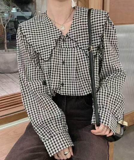 봄 가을 프랑스식 작은 대중 프릴 베이비 칼라 셔츠 여성 긴 소매 맨위 통통한 여동생 숨기기 고기 표지 배 셔츠