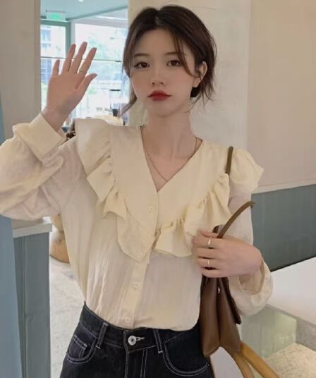 프릴 V넥 살구 색상 긴팔 여성 셔츠 가을 디자인 센스 작은 대중 프랑스식 부드러운 바람 슈퍼 요정 품격 맨위