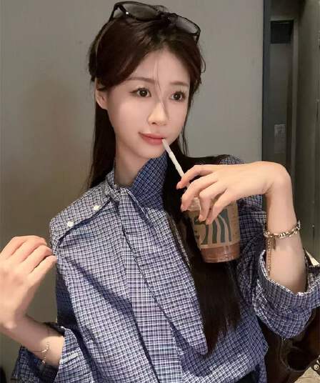 한국 chic Chic 달콤한 스타일 디자인 센스 작은 대중 나비 넥타이 레이스업 루즈핏 체크무늬 슬림해 보이는 긴팔 셔츠 여성 의류