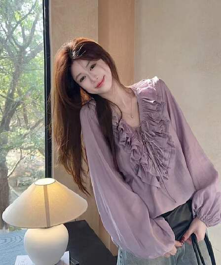 프랑스식 프릴 펌프 로프 V넥 여성 셔츠 2026 봄 새로운 외국 가스 작은 대중 고유 한 Chic 긴팔 셔츠