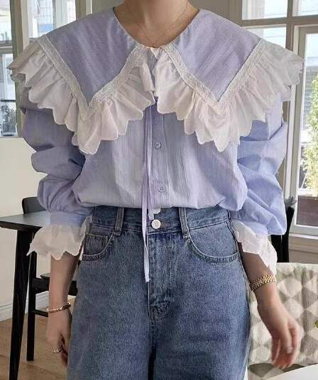 한국 chic 이른 가을 달콤함 연령 감소 레이스 해군 칼라 루즈핏 다용도 레이스업 긴팔 스트라이프 셔츠 맨위 여성