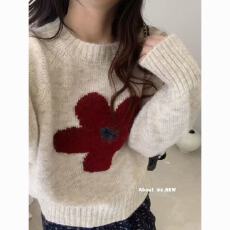 批发韩系针织毛<b class='q'>花朵</b>提花圆领毛衣女2026秋冬新款短款套头毛针织衫上衣