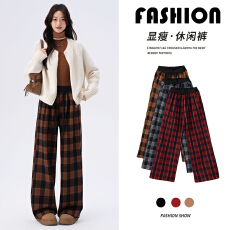 批发实拍加绒加厚毛呢格子弯刀裤<b class='q'>女</b>冬季直筒<b class='q'>休闲裤</b>宽松百搭显瘦阔腿<b class='q'>裤</b>