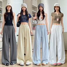 批发黄色奶芙阔腿裤女夏季薄款宽松显瘦高腰垂感小个子冰丝<b class='q'>休闲</b>奶皮裤
