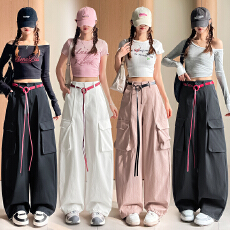 批发实拍美式阔腿腰带工装裤2026春季新款<b class='q'>休闲</b>裤女高腰宽松垂感弯刀裤