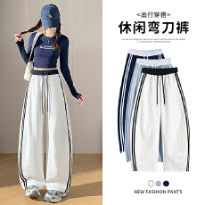批发<b class='q'>实拍</b>美式复古学院风简约侧条纹休闲裤女春夏宽松阔腿弯刀休闲裤