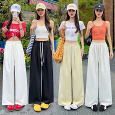 批发实拍冰滑丝蕾丝老钱风百搭休闲长裤女夏垂感松紧腰系带直筒阔腿裤