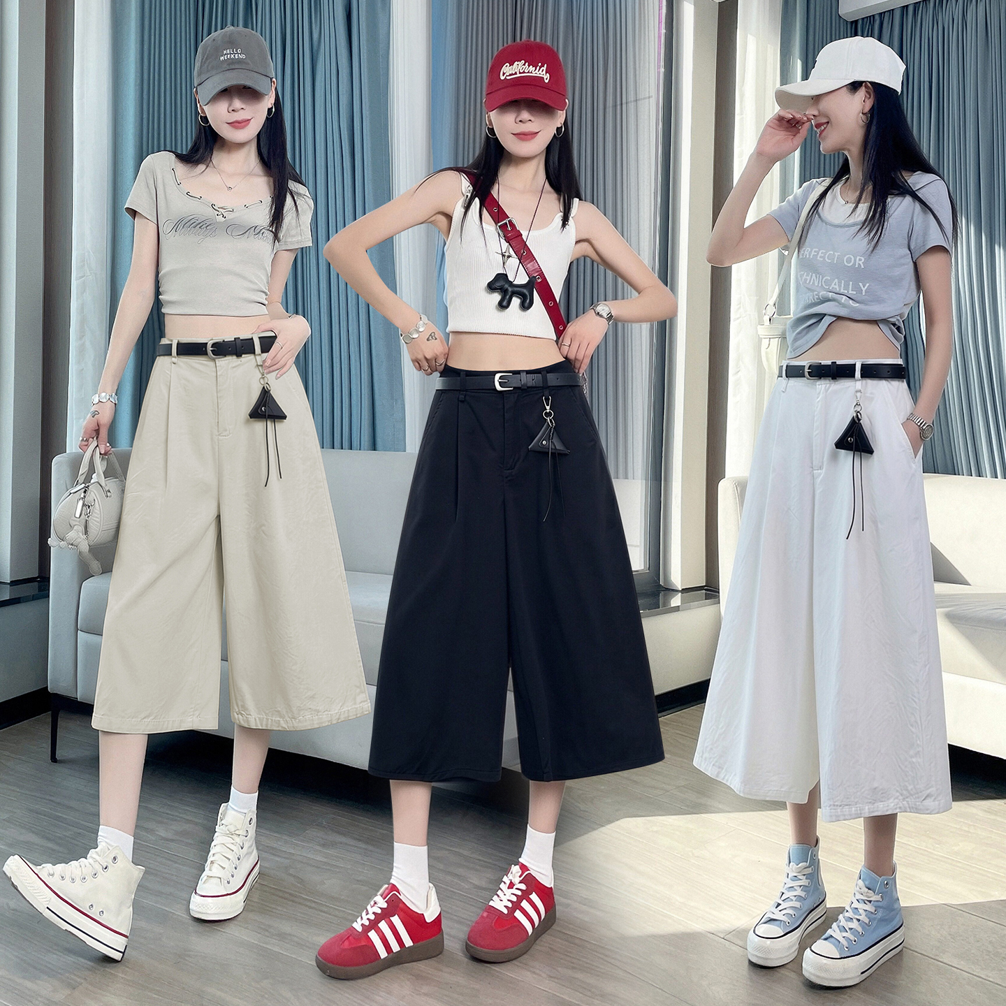 실사 여름 새로운 세븐 8 점 와이드 레깅스 바지 여름 작은 키 슬림해 보이는 다용도 도루 센스 루즈핏 스트레이트 팬츠