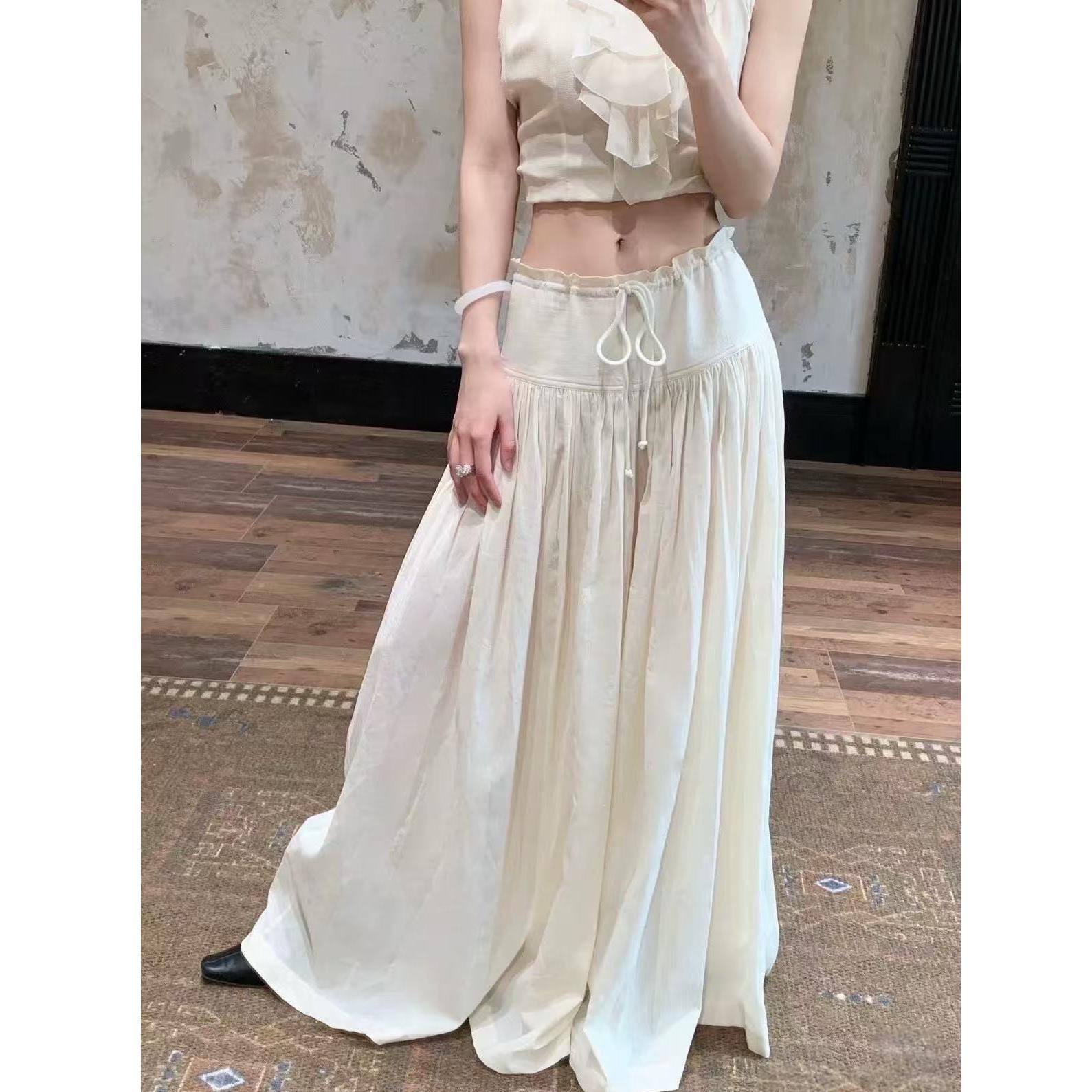 얇고 가벼운 호흡 센스 큰 진자 금액 펌프 로프 핀치 Pleat 넓은 다리 치마바지 캐주얼 바지