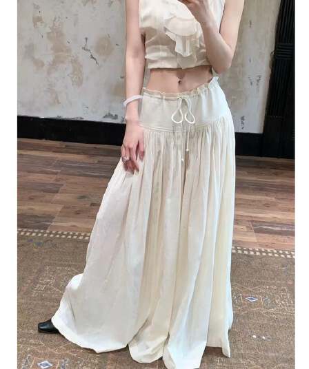 얇고 가벼운 호흡 센스 큰 진자 금액 펌프 로프 핀치 Pleat 넓은 다리 치마바지 캐주얼 바지