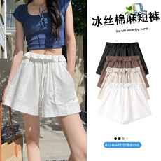 批发实拍冰丝亚麻短裤女夏季外穿休闲阔腿短裤小个子高腰显瘦棉麻短裤