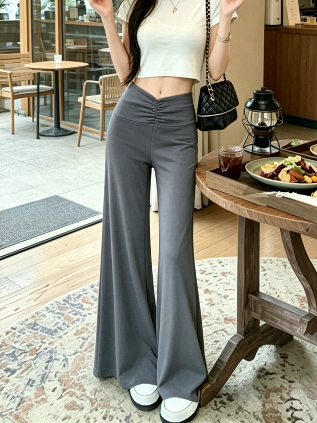 RY7861# 早秋微喇裤女夏季2026新款扭褶v型低腰宽松垂感显瘦喇叭运动裤