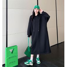 批发<b class='q'>牛奶</b><b class='q'>丝</b>复合真超420克胖MM大码宽松长款加绒双口袋双层帽卫衣裙