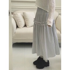 批发春夏 韩国甜美清新少女复古法式简单<b class='q'>条纹</b>木耳花边<b class='q'>半身裙</b>长裙日系