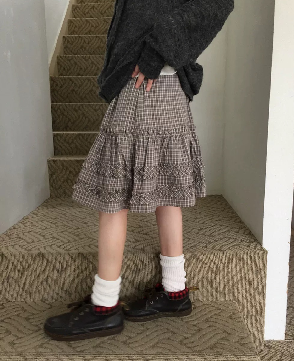 봄 여름 한국 소녀 목이버섯 레이스 펌프 Pleat 작은 격자 반신 스커트 미니 스커트 허리밴드 일본식 학원 스타일