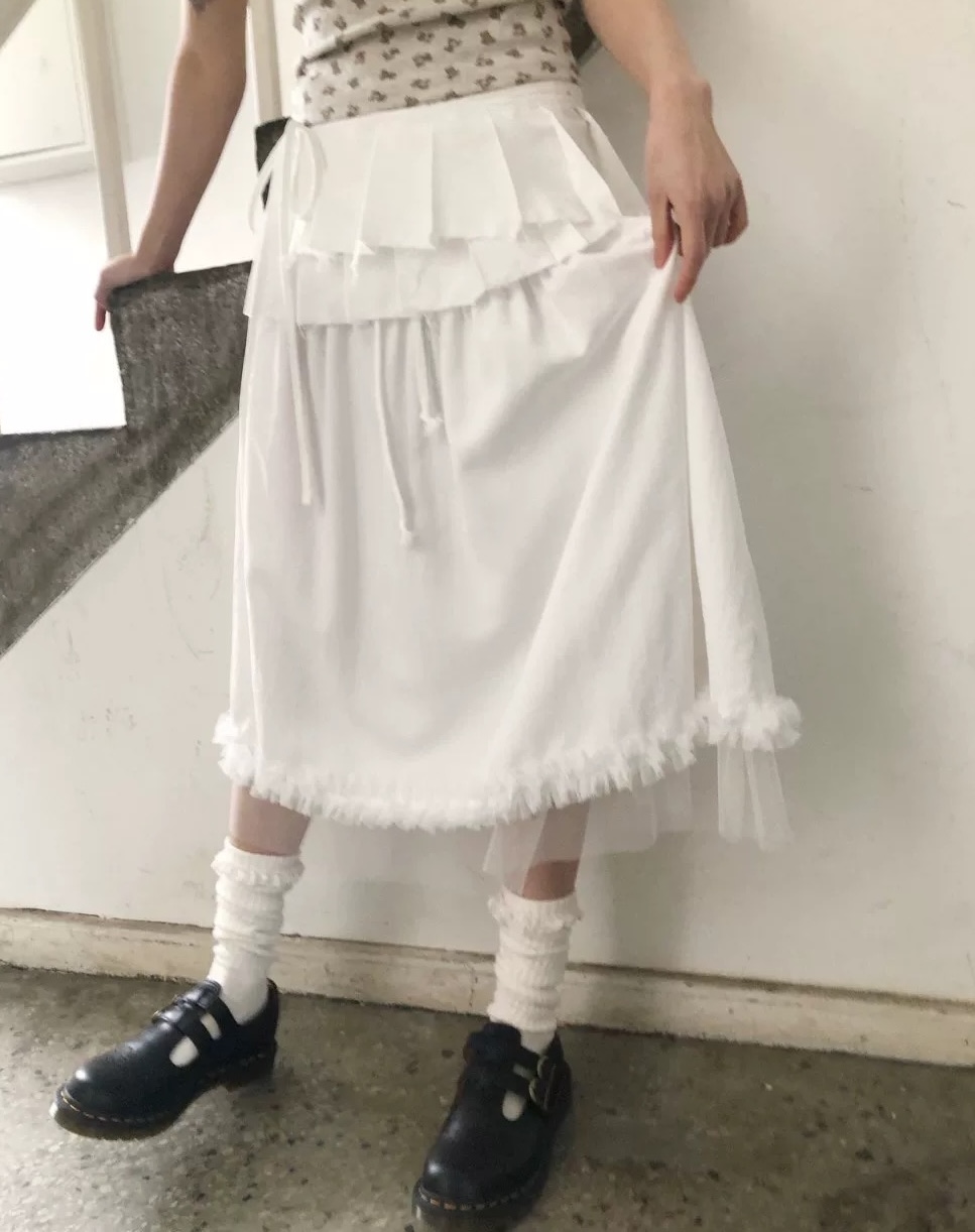 2 색 입력 여름 한국 단색 레이스 망사 치마 패치워크 나일론 혼방 반신 스커트 롱 스커트 일본식 귀여운