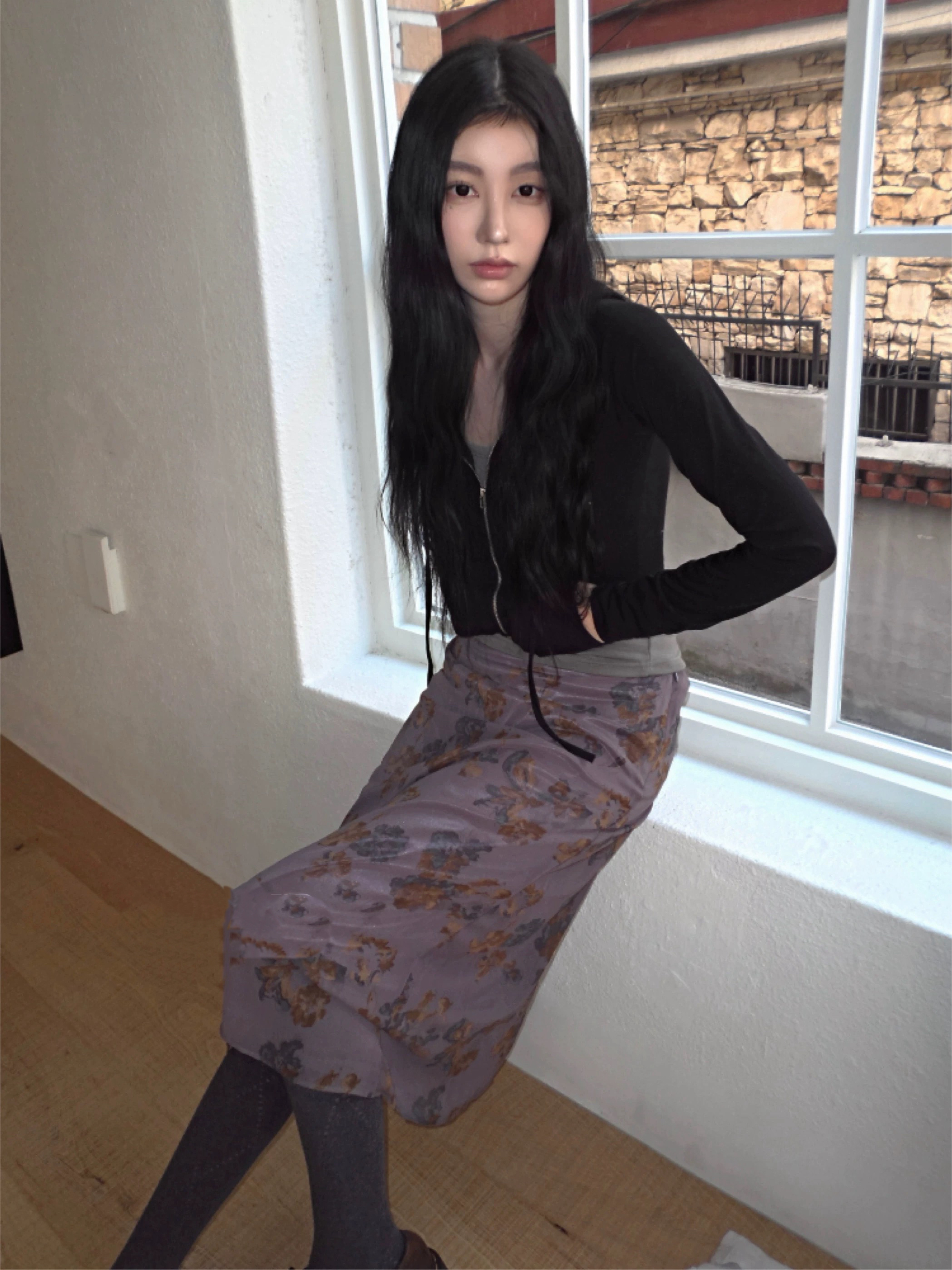 레트로 프랑스식 한국 봄 여름 낭만주의 장미 꽃 프린트 쉬폰 반신 스커트 허리밴드 중간 길이 스커트