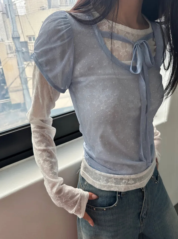3 색 여름 한국 귀여운 디자인 도트 무늬 프린트 망사 반팔 행침 목 스트랩 레이스업 반팔 티셔츠 맨위