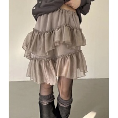 批发3色 夏季韩国光泽感纯色天丝棉荷叶花边褶皱不规则半身裙短裙