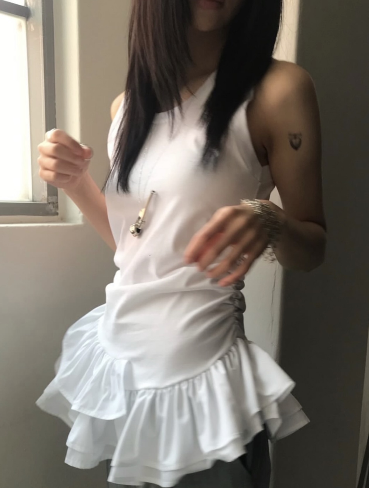 여름 한국 귀여운 패치워크 프릴 치마 롱 코트 민소매 롱 코트 조끼 단색 일본식 바람
