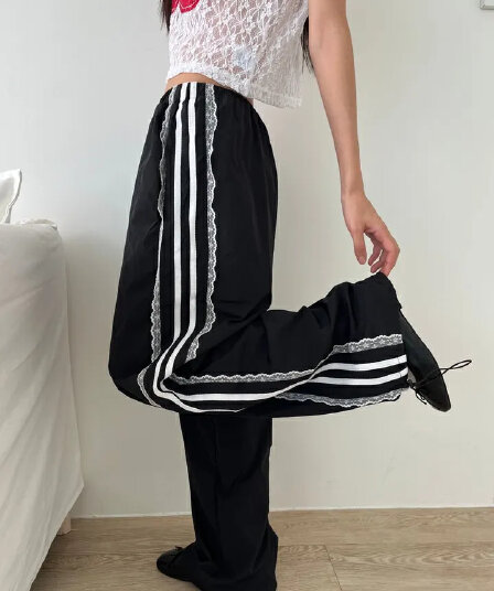 이른 가을 한국 ins 측면 레이스 레이스 패치워크 리본 운동 레트로 나일론 얇은 스타일 캐주얼 루즈핏 긴 바지