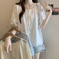 批发法式复古灯笼袖刺绣衬衫女<b class='q'>夏</b>季气质高级感宽松衬衣娃娃衫系带上衣