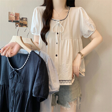 批发实拍大码短袖衬衫女2026夏季法式宽松泡泡袖衬衣娃娃衫上衣潮