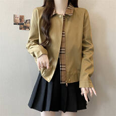 批发实拍大码卡其色格子短外套春秋季爆款高级感拼接<b class='q'>风衣</b>美式潮牌夹克