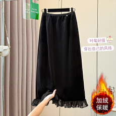批发2025冬季新品金丝绒<b class='q'>半身裙</b>松紧腰直筒后背开衩木耳边<b class='q'>雪纺</b>黑色加绒