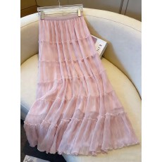 批发法式甜美木耳边拼接a字<b class='q'>半身</b>裙女春夏新款松紧腰褶皱层次感蛋糕裙