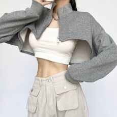 批发长<b class='q'>袖</b>运动上衣显瘦拉链短款外套女翻领露脐<b class='q'>半截</b>卫衣