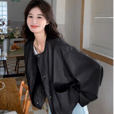 批发2025年春季新款设计感下摆抽绳棒球服<b class='q'>皮衣</b>外套女宽松休闲<b class='q'>机车</b>夹克
