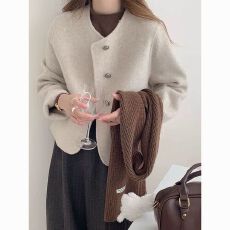 批发小香风马卡龙色系羊绒大衣女短款气质韩版圆领羊毛外套