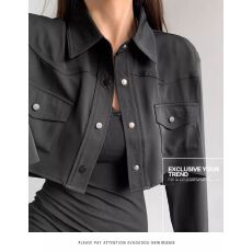 批发短款薄外套女春季小衫工装夹克衬衫女高腰露脐长袖翻领口袋<b class='q'>小西装</b>