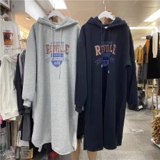 批发250克加绒加厚双层帽冬季卫衣裙中长款宽松<b class='q'>开叉</b>休闲裙潮