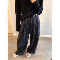 批发大码松紧腰格纹毛呢休闲裤直筒阔腿裤胖mm遮跨显瘦裤子女长裤