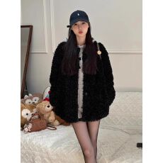 批发羊羔毛<b class='q'>外套</b>女秋冬新款宽松慵懒加厚高级黑色显瘦休闲棉服大衣
