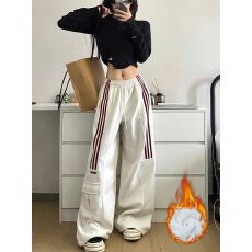 批发【常规/加绒三条杠工装裤女秋美式休闲运动卫裤高腰宽松阔腿<b class='q'>裤子</b>