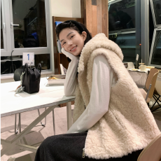 仿羔羊毛连帽马甲背心小众设计感短款休闲叠穿外套女