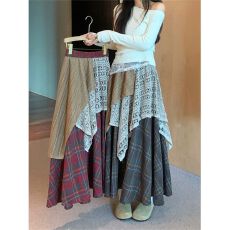 批发不规则设计拼接格纹<b class='q'>半身裙</b>女秋冬2025年新款法式复古高腰A字长<b class='q'>裙</b>