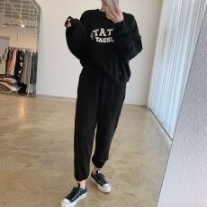 批发韩国chic慵懒风圆领字母宽松长袖卫衣+松紧高腰束脚运动长裤套装